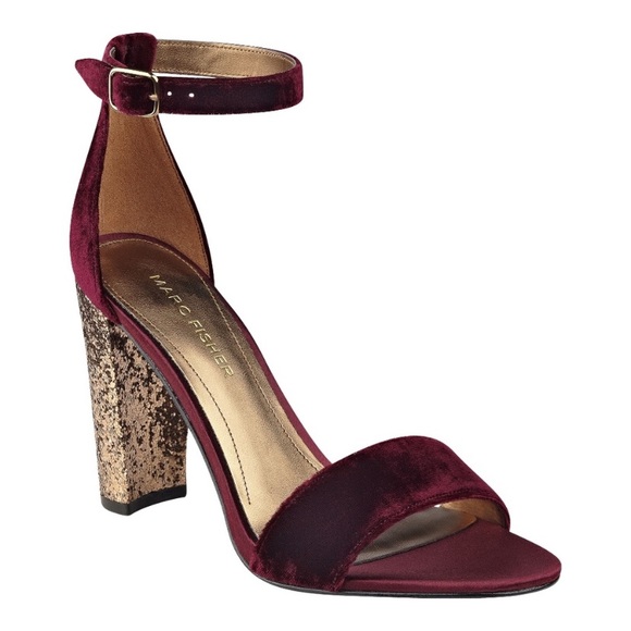Marc Fisher Burgundy Velvet Sandal w. Sparkly Golden Heels - Picture 1 of 4